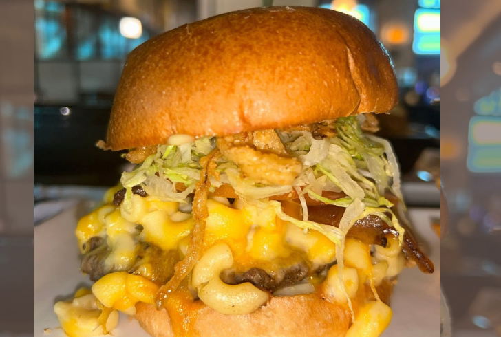 Guy Fieri Mac n Cheese Burger stacked high